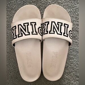 Pink Pure White Slides with Block lettering Logo
